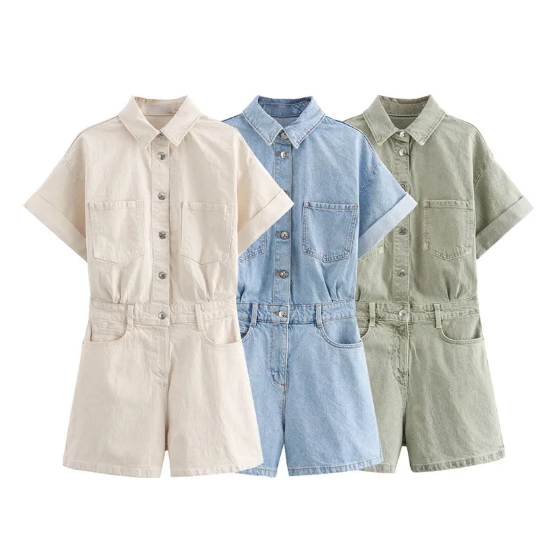 Spring Summer Women Lapel Short Sleeve Pocket Denim Rompers
