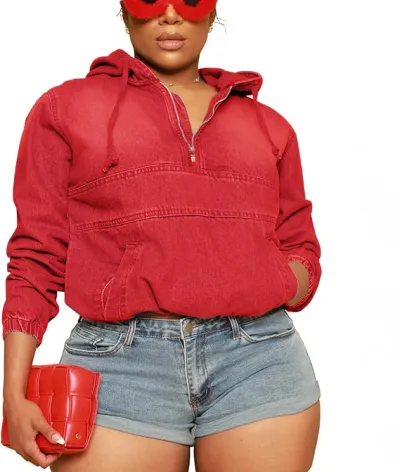 Irregular Motorcycle Denim Women Hooded Long Sleeve Top