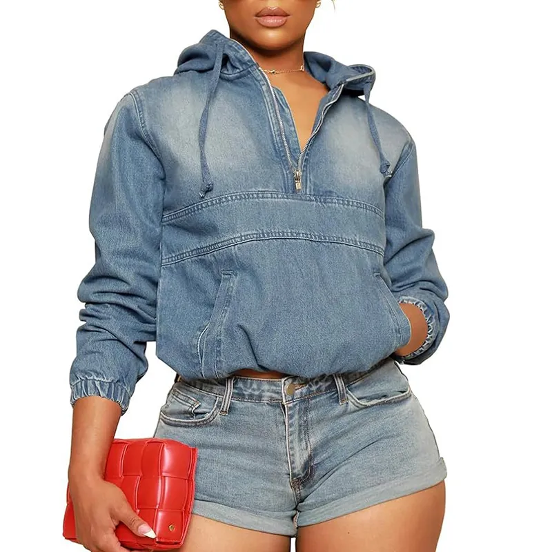Irregular Motorcycle Denim Women Hooded Long Sleeve Top