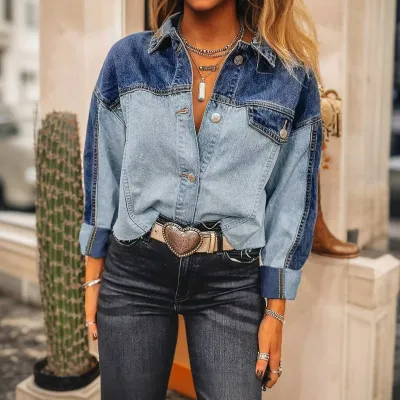 Women Lapel Long Sleeve Denim Jacket Royal Sister Wind Loose Fit