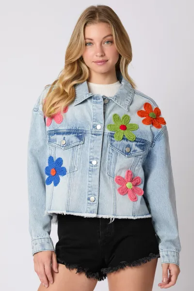 Women Spring Three-Dimensional Flower Decorative Denim Jacket