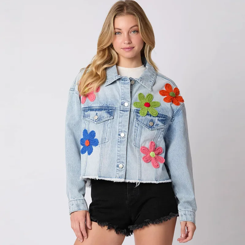Women Spring Three-Dimensional Flower Decorative Denim Jacket