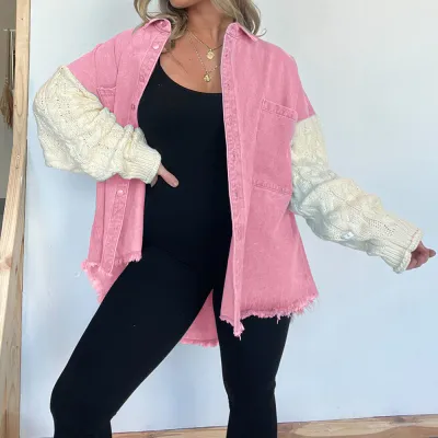 Loose Stitching Knitted Sleeve Denim Women Jacket Street Hipster