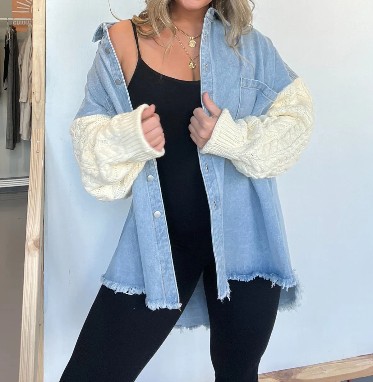 Loose Stitching Knitted Sleeve Denim Women Jacket Street Hipster