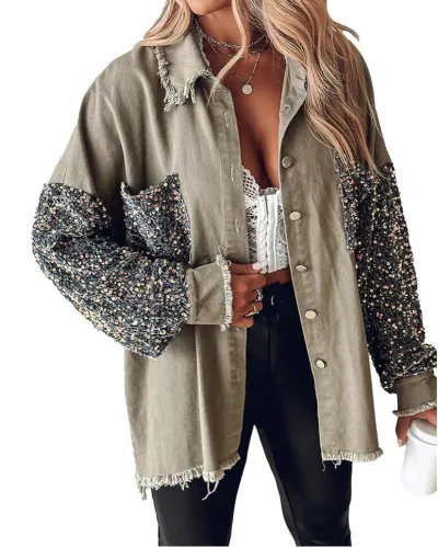 Women Vintage Casual Denim Pullover Long Sleeve Sequin Patchwork Denim Jacket