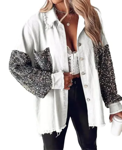 Women Vintage Casual Denim Pullover Long Sleeve Sequin Patchwork Denim Jacket