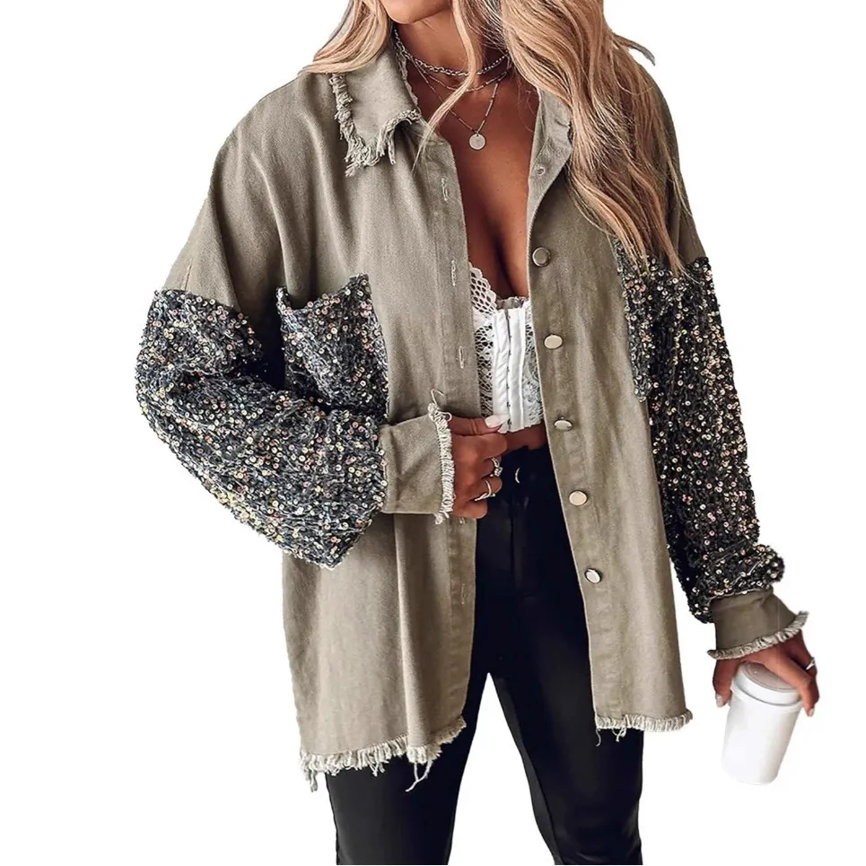 Women Vintage Casual Denim Pullover Long Sleeve Sequin Patchwork Denim Jacket