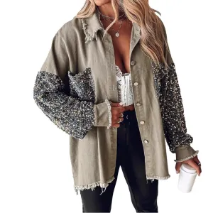 Women Vintage Casual Denim Pullover Long Sleeve Sequin Patchwork Denim Jacket