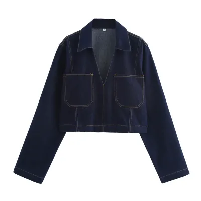 Autumn Denim Women Lapel Long Sleeve Pocket V Neck Top