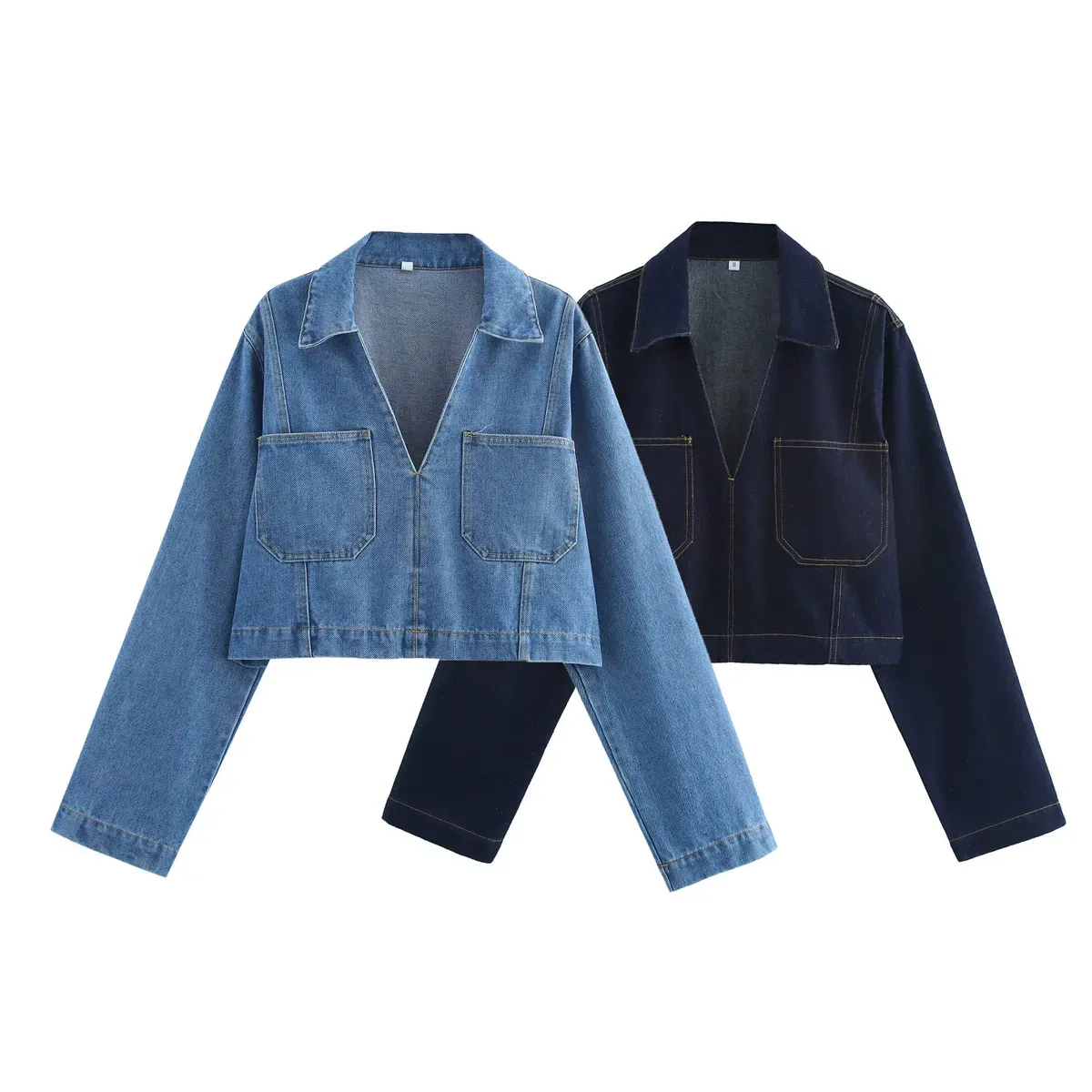 Autumn Denim Women Lapel Long Sleeve Pocket V Neck Top