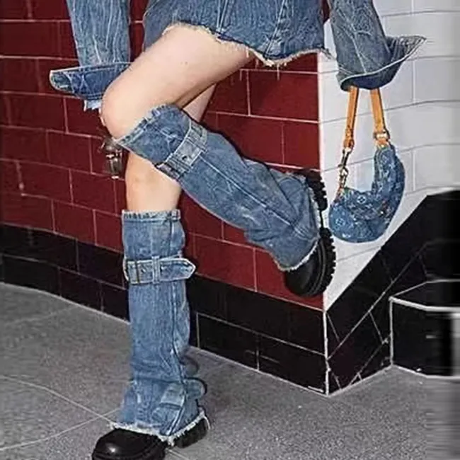 Women Y2k Vintage Blue Denim Leg Warmers Street Hipster High Waist Boot Pants