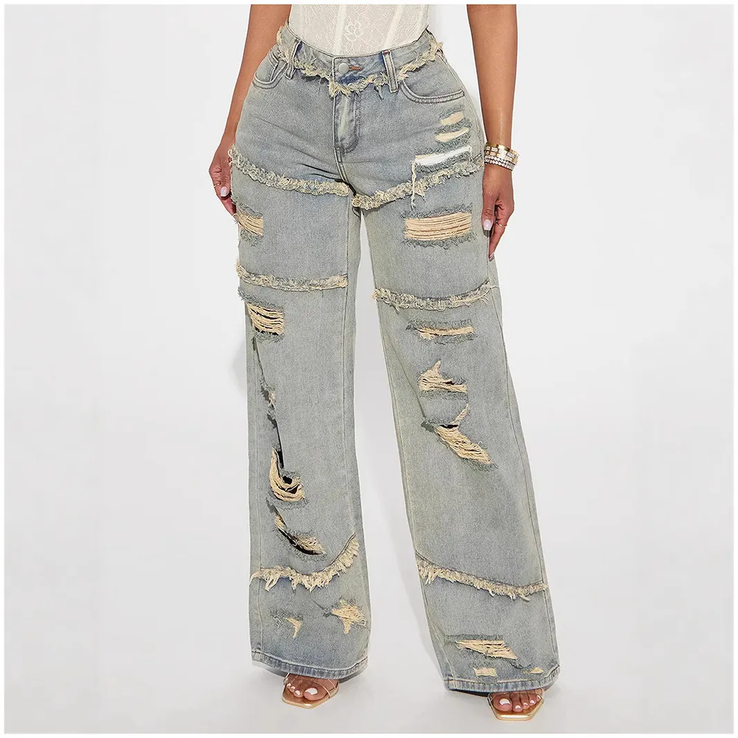 Women Casual Ripped Wide-Leg Denim Jeans