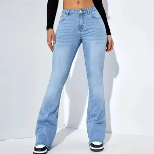 Women Retro Bootcut Jeans High Waist Straight Leg Polyester