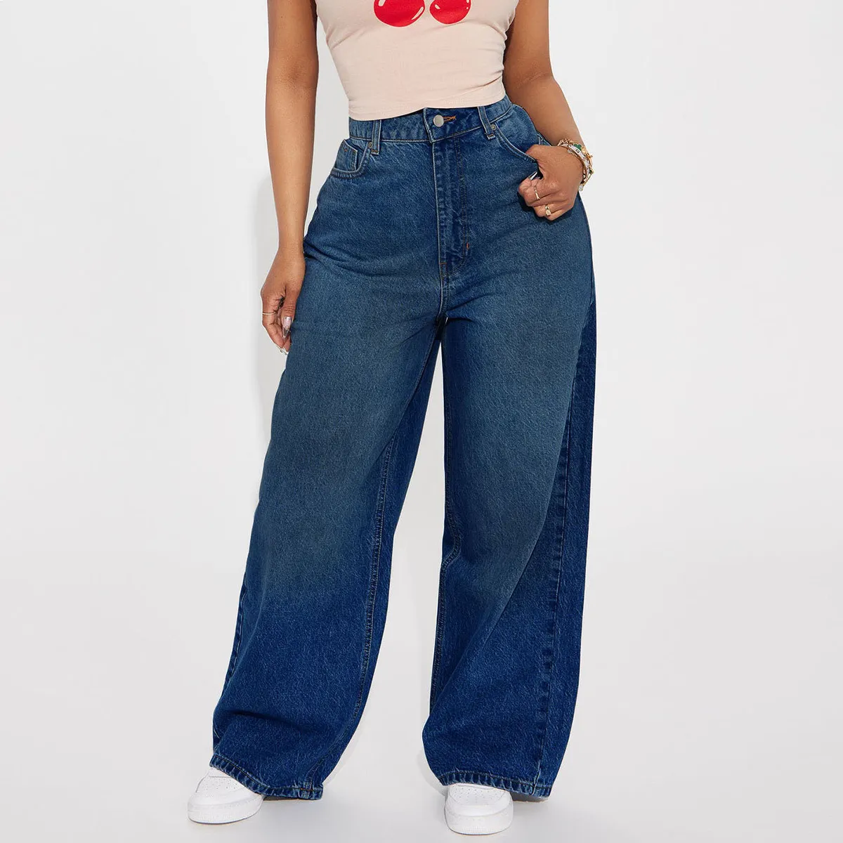 Women Casual Loose High Waist Wide Leg Denim Jeans