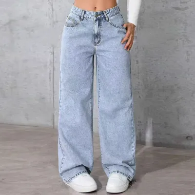 Women Fashion Casual Loose High Waist Wide Leg Jeans