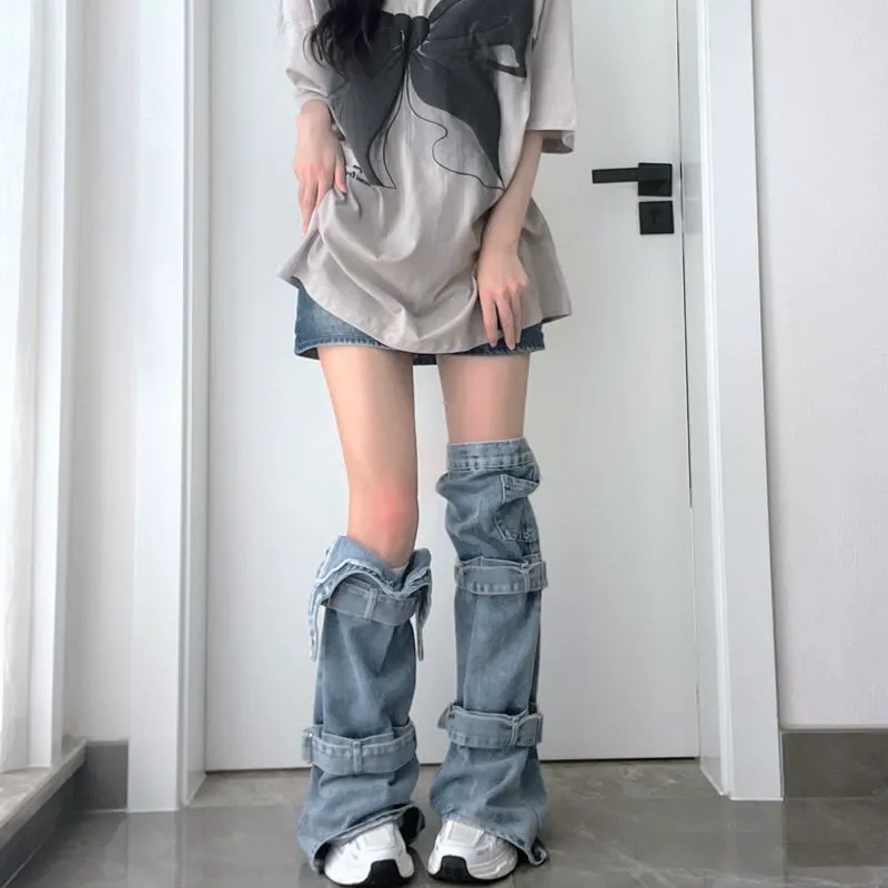 Sweet Cool Washed Denim Leg Warmers Mid-Calf