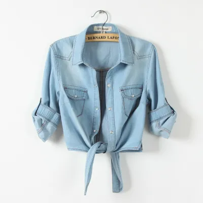Lace-Up Knot Mid-Sleeve Women Short Denim Shirt