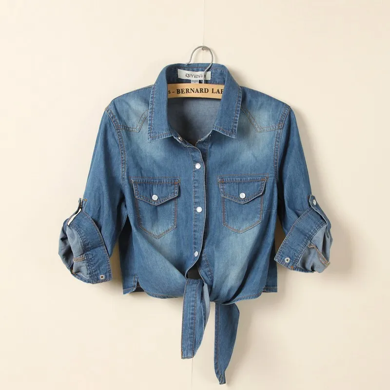Lace-Up Knot Mid-Sleeve Women Short Denim Shirt