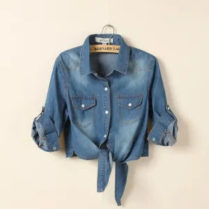 Lace-Up Knot Mid-Sleeve Women Short Denim Shirt
