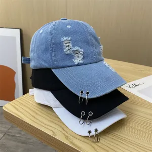Personalized Hole Iron Ring Hip-Hop Dancing Denim Baseball Cap Cotton Fashion Commuter Dome