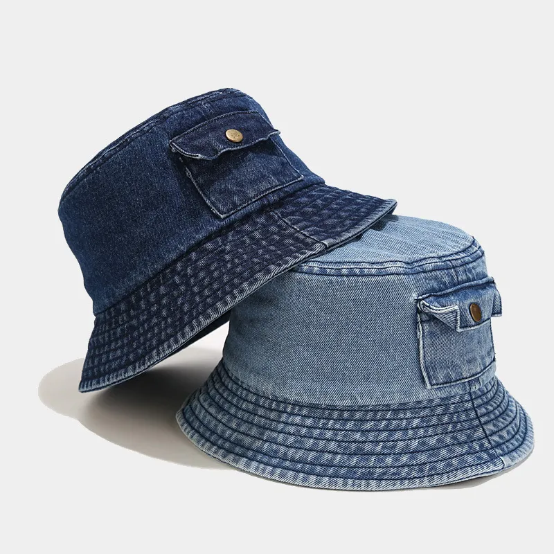 Creative Denim Fisherman Hat With Pocket Flat Top