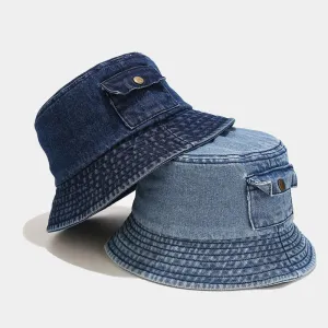 Creative Denim Fisherman Hat With Pocket Flat Top