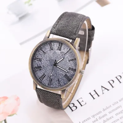 Fashion Denim Quartz Watch with PU Strap and Spiral Crown