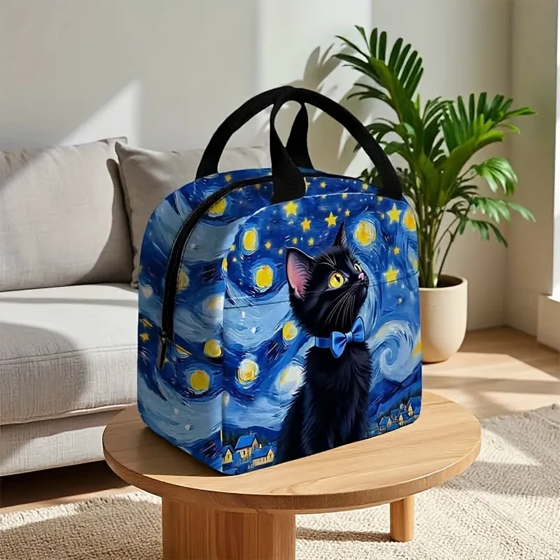 Creative Cat Print Large Capacity Lunch Bag Portable Aluminum Foil Insulated