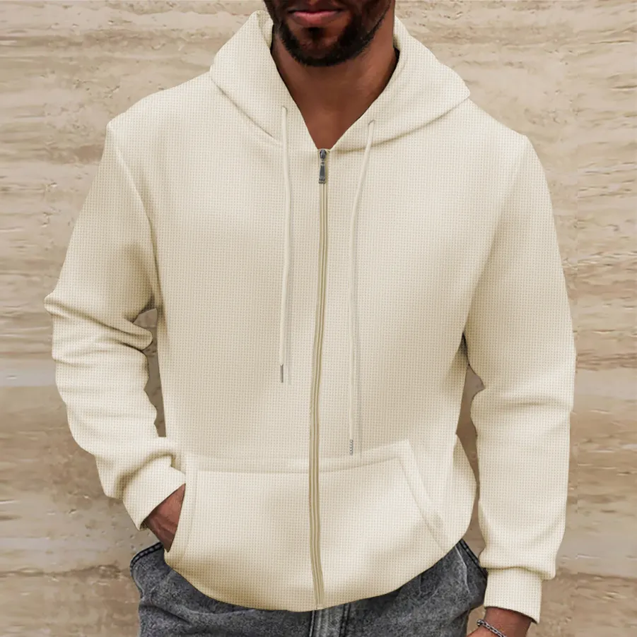 Men Autumn Winter Casual Solid Color Waffle Long Sleeve Hooded Jacket