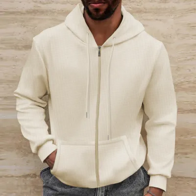 Men Autumn Winter Casual Solid Color Waffle Long Sleeve Hooded Jacket