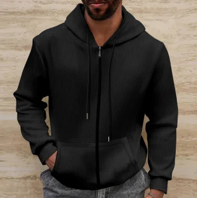 Men Autumn Winter Casual Solid Color Waffle Long Sleeve Hooded Jacket