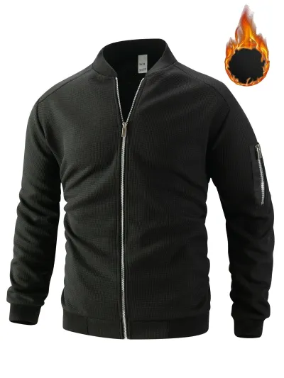 Men Autumn Winter Casual Solid Color Waffle Long Sleeve Jacket with Stand Collar