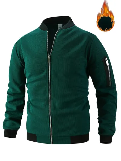 Men Autumn Winter Casual Solid Color Waffle Long Sleeve Jacket with Stand Collar
