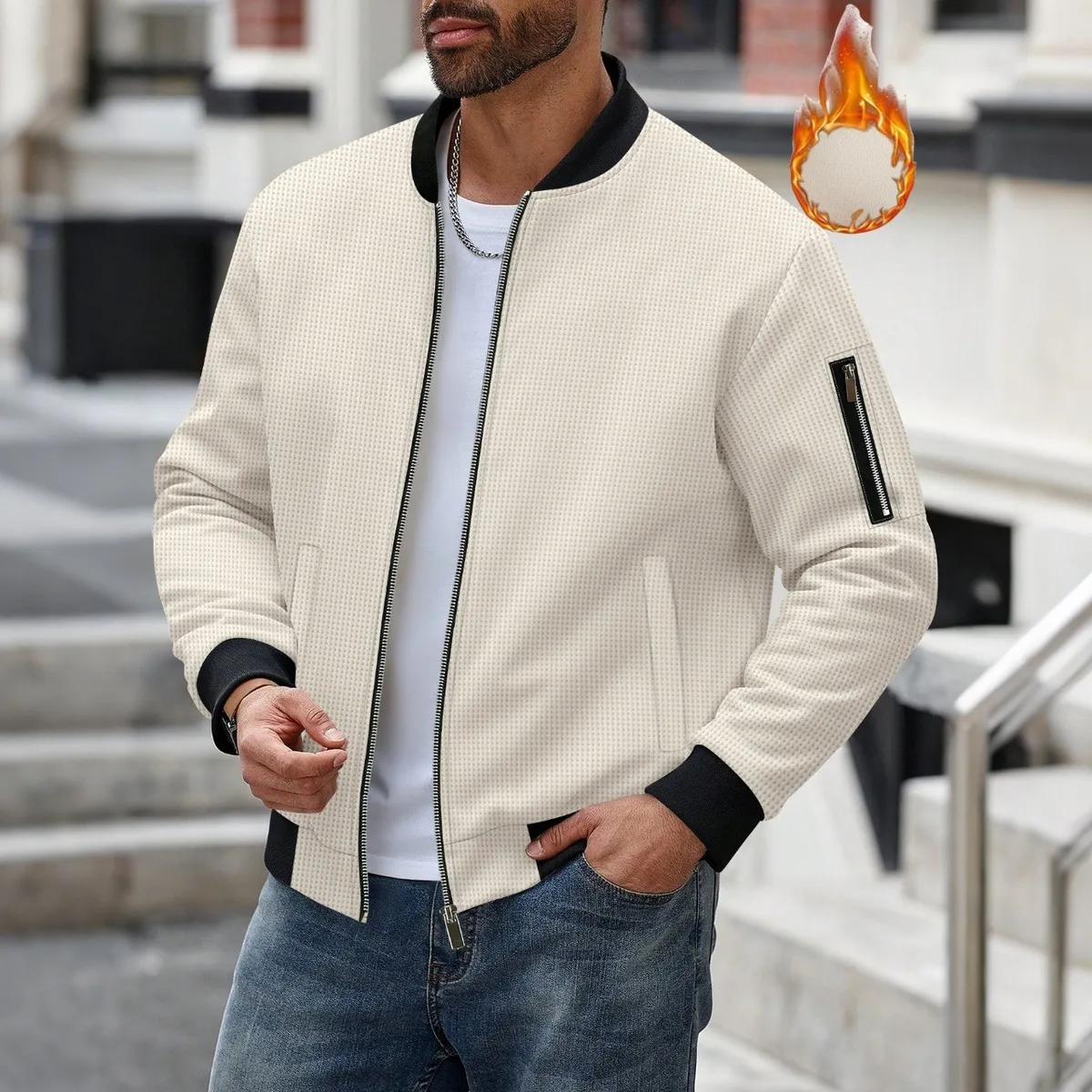 Men Autumn Winter Casual Solid Color Waffle Long Sleeve Jacket with Stand Collar