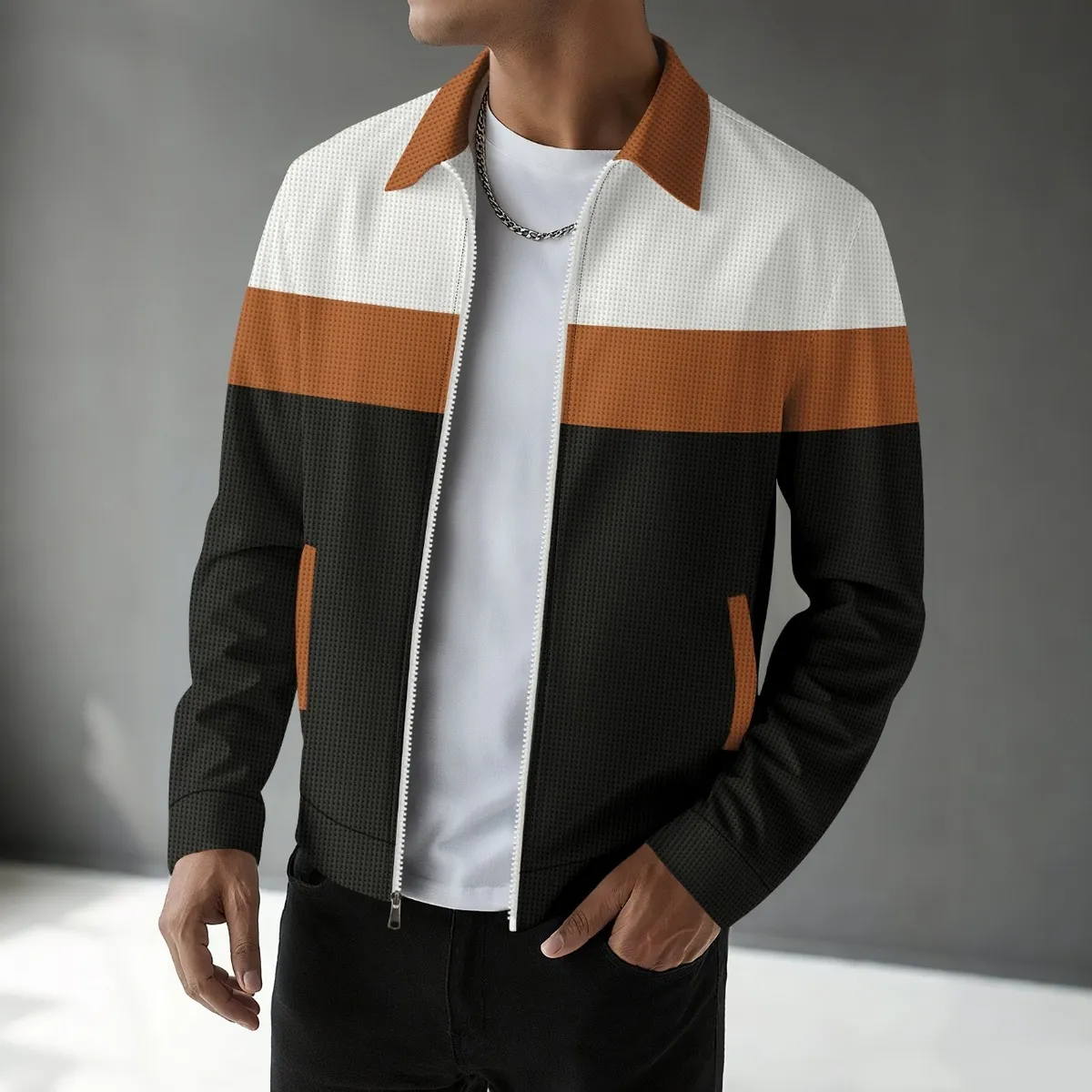 Men Spring Autumn Casual Color Matching Waffle Lapel Long Sleeve Jacket