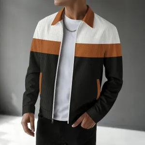 Men Spring Autumn Casual Color Matching Waffle Lapel Long Sleeve Jacket