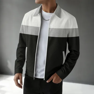 Men Spring Autumn Casual Color Matching Waffle Lapel Long Sleeve Jacket