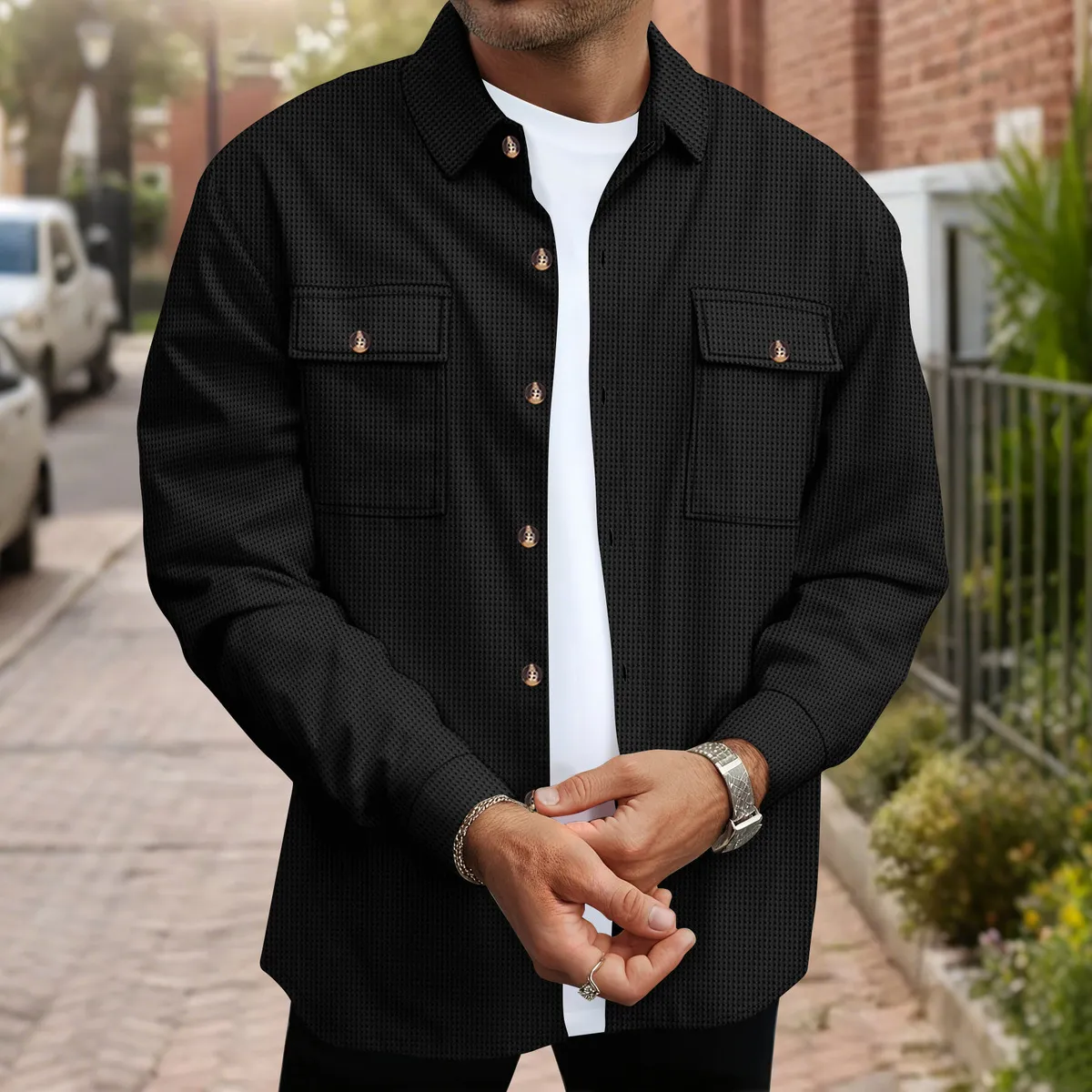 Men Spring Autumn Casual Solid Color Waffle Lapel Long Sleeve Cardigan Jacket