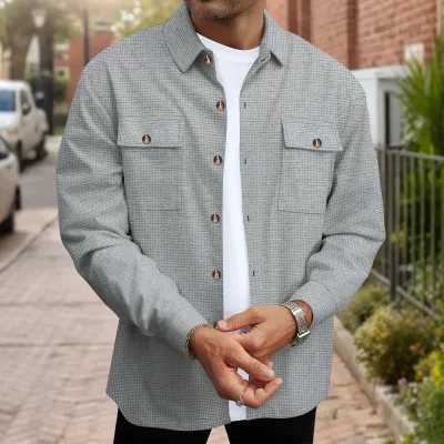Men Spring Autumn Casual Solid Color Waffle Lapel Long Sleeve Cardigan Jacket