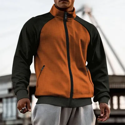 Men Spring Autumn Casual Color Matching Stand Collar Long Sleeve Jacket