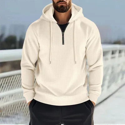 Men Spring Casual Solid Color Waffle Long Sleeve Hoodies with Zipper Trim