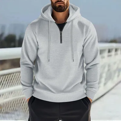 Men Spring Casual Solid Color Waffle Long Sleeve Hoodies with Zipper Trim
