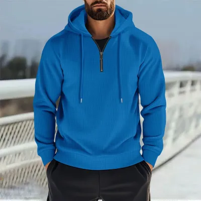 Men Spring Casual Solid Color Waffle Long Sleeve Hoodies with Zipper Trim