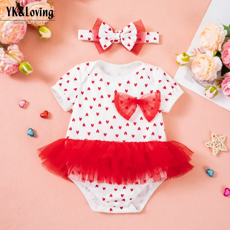 Kids Baby Girls Valentine Cute Hearts Print Short Sleeve Romper Sets