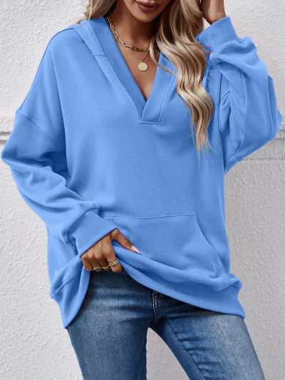 Autumn Winter Solid Color Blank Pocket Long Sleeve V Neck Hoodie