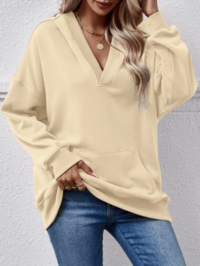 Autumn Winter Solid Color Blank Pocket Long Sleeve V Neck Hoodie