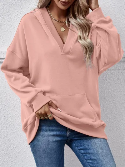 Autumn Winter Solid Color Blank Pocket Long Sleeve V Neck Hoodie