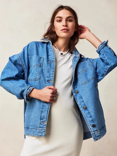 Women Casual Lapel Long-Sleeve Pocket Denim Jacket