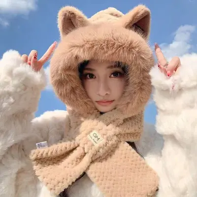 Women Fashion Cute Plush Thickened Bear One-Piece Hat Scarf