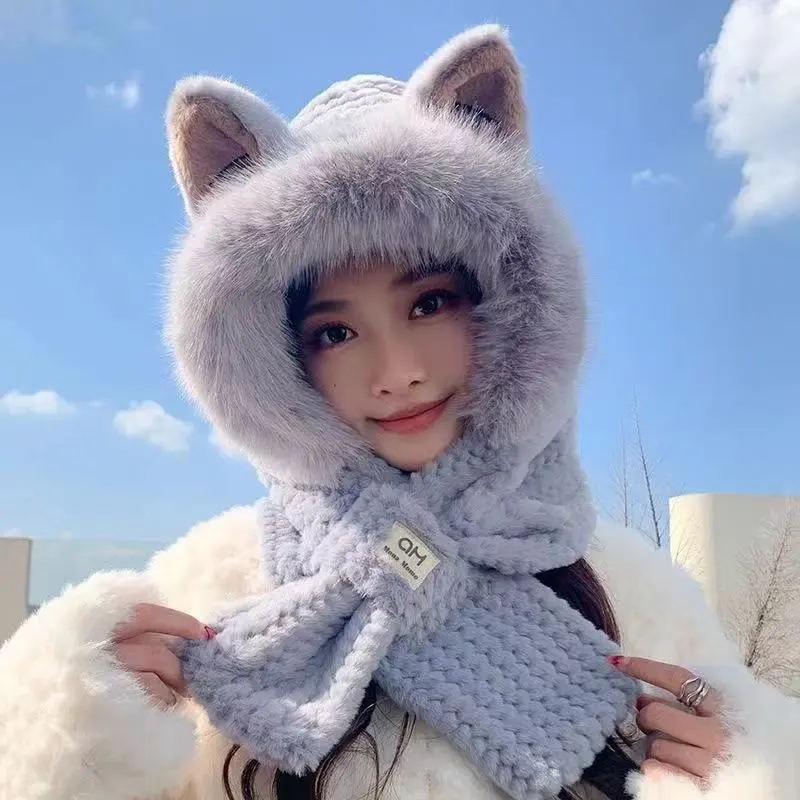 Women Fashion Cute Plush Thickened Bear One-Piece Hat Scarf